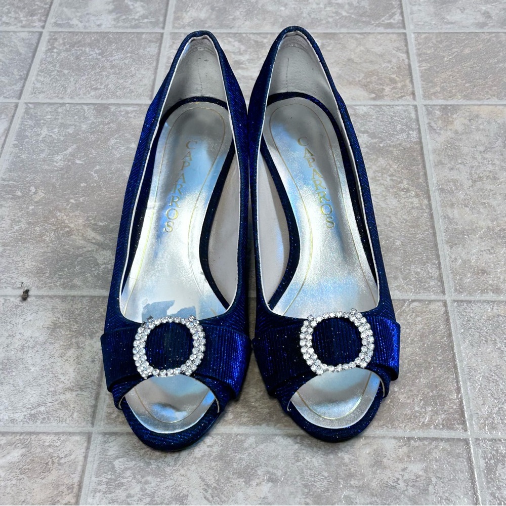 Caparros Navy Peep Toe Heels with Rhinestone Buckle